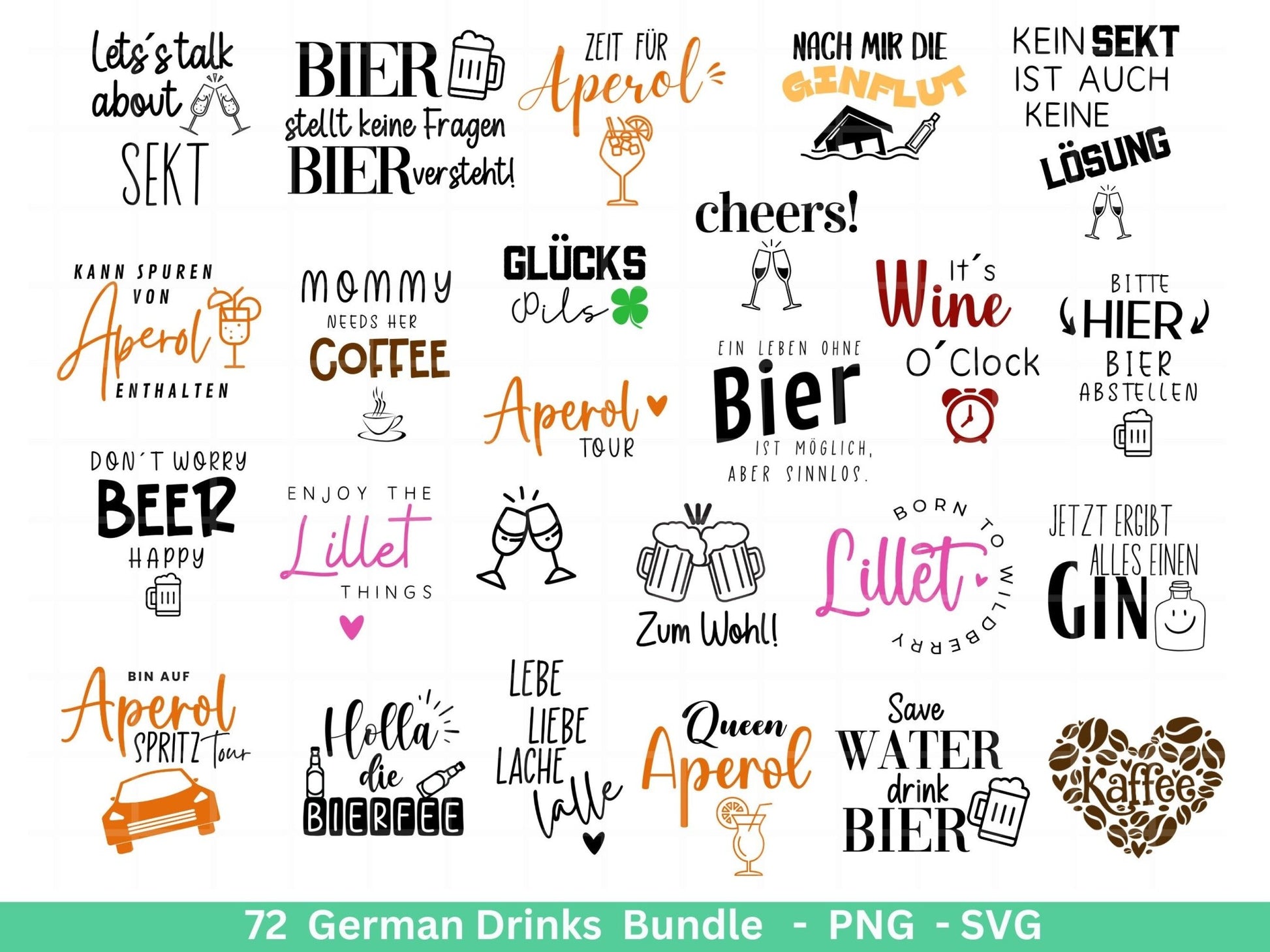 Deutsche Plotterdatei Getränke XXL Bundle - Alkohol svg - Lillet - Aperol svg - Gin - Cricut Silhouette - Kaffee svg - Deutsche Sprüche svg - EmidaDesign