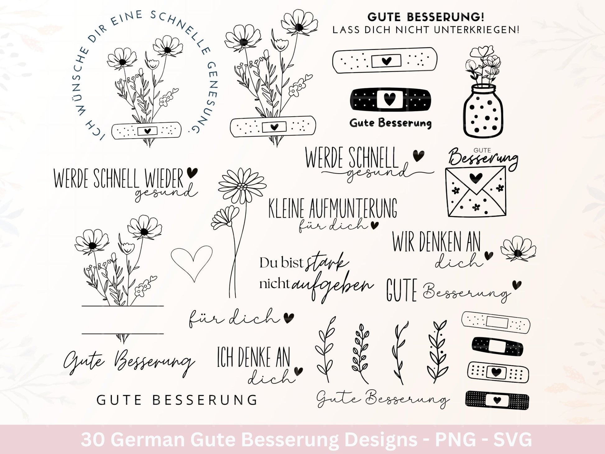 Deutsche Plotterdatei Gute Besserung - Gute Besserungspflaster - Wildblumen svg - Genesung Werde schnell gesund svg - Cricut Silhouette