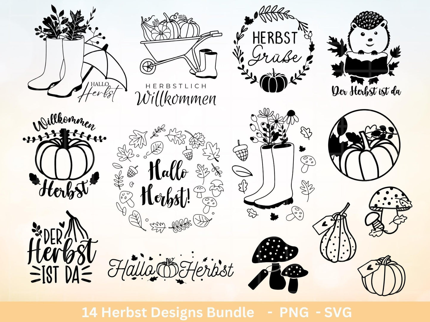 Deutsche Plotterdatei Herbst - Hallo Herbst - Cricut svg - Herbstzauber - Herbstgrüße SVG Bundle - Kürbis Blätter - Laserdatei Herbst Igel - EmidaDesign