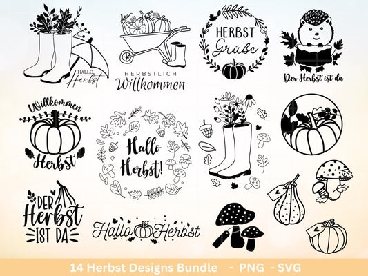 Deutsche Plotterdatei Herbst - Hallo Herbst - Cricut svg - Herbstzauber - Herbstgrüße SVG Bundle - Kürbis Blätter - Laserdatei Herbst Igel - EmidaDesign