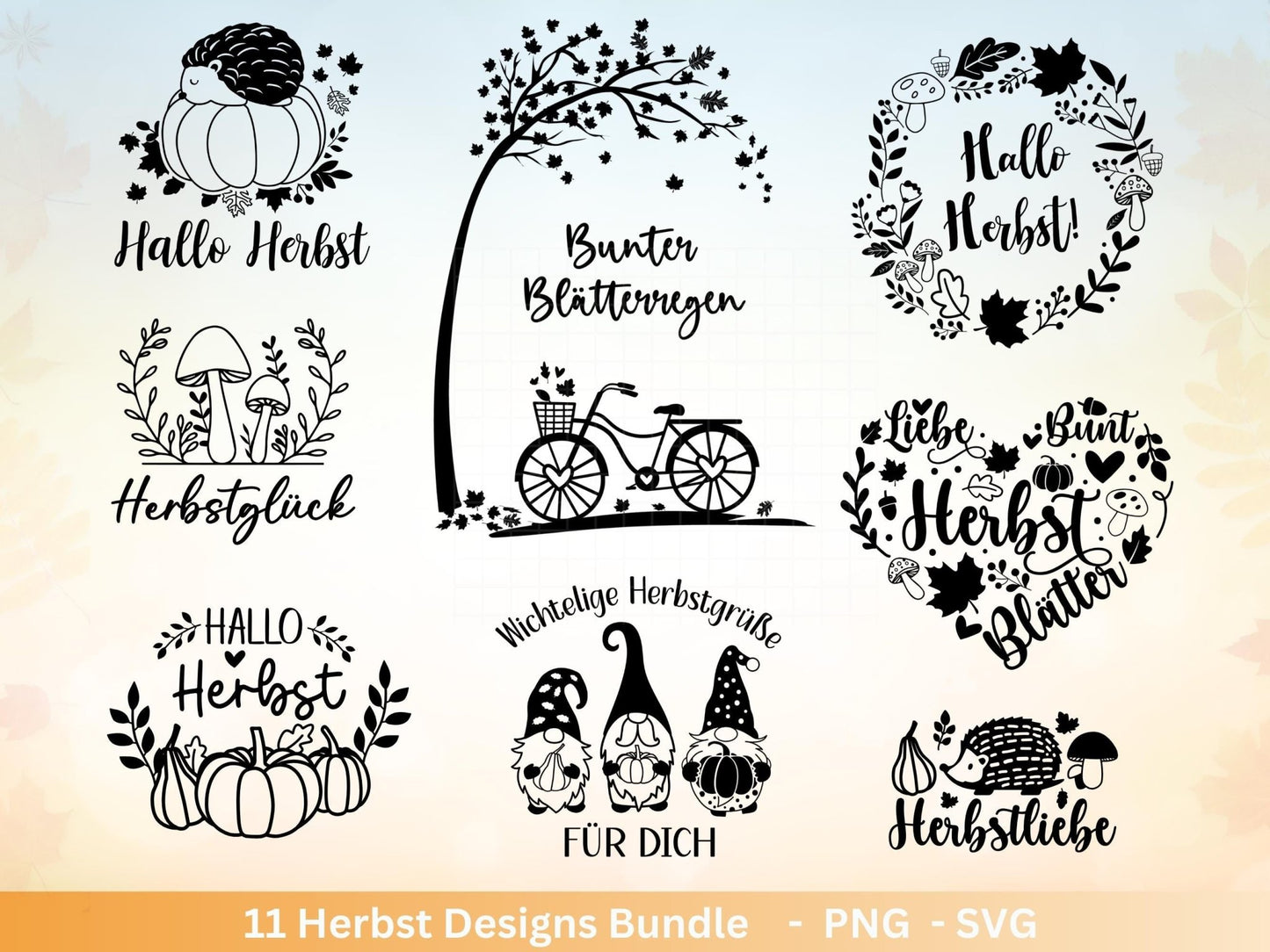 Deutsche Plotterdatei Herbst - Hallo Herbst - Cricut svg - Herbstzauber - Herbstgrüße SVG Bundle - Kürbis Blätter - Laserdatei Herbst - Igel - EmidaDesign