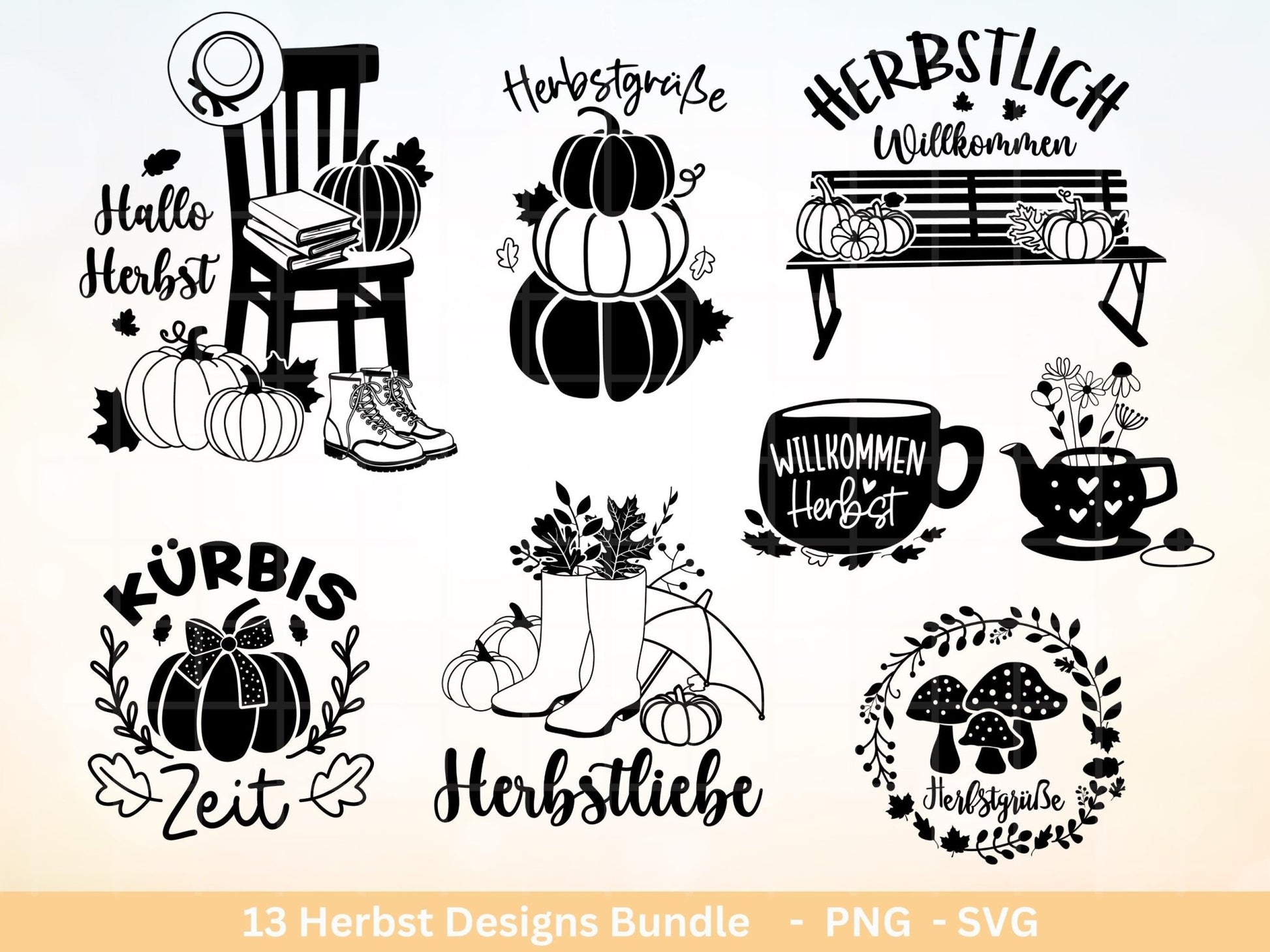 Deutsche Plotterdatei Herbst - Hallo Herbst - Cricut svg - Herbstzauber - Herbstgrüße SVG Bundle - Kürbis Blätter - Laserdatei Herbst Pilze - EmidaDesign