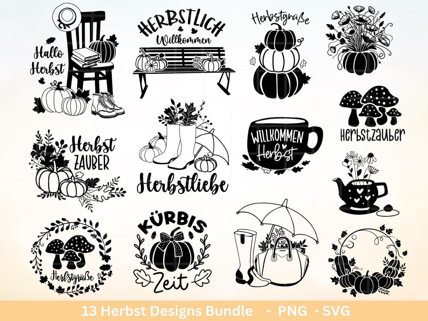 Deutsche Plotterdatei Herbst - Hallo Herbst - Cricut svg - Herbstzauber - Herbstgrüße SVG Bundle - Kürbis Blätter - Laserdatei Herbst Pilze - EmidaDesign