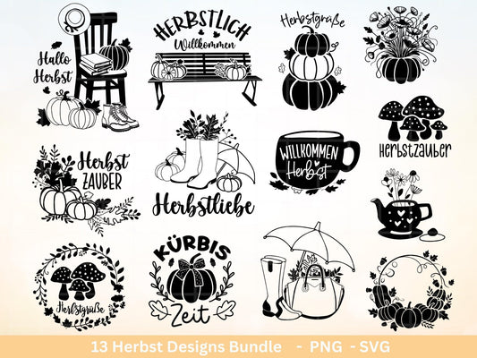 Deutsche Plotterdatei Herbst - Hallo Herbst - Cricut svg - Herbstzauber - Herbstgrüße SVG Bundle - Kürbis Blätter - Laserdatei Herbst Pilze - EmidaDesign