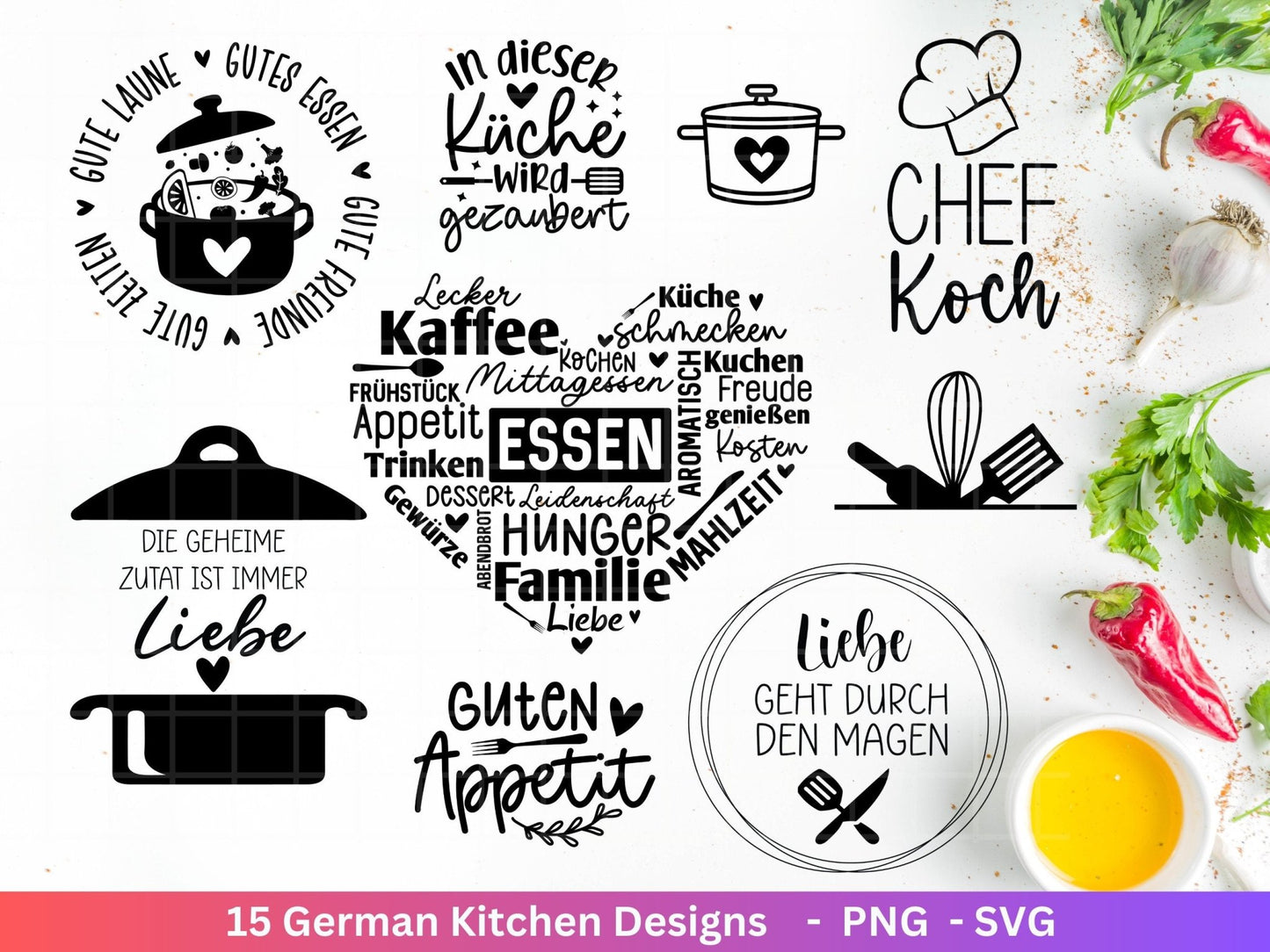 Deutsche Plotterdatei Küche Svg - Kochen svg Bundle - Chefkoch svg - Deutsche Sprüche Küche - Cricut Silhouette Studio Plotterdatei SVG - EmidaDesign