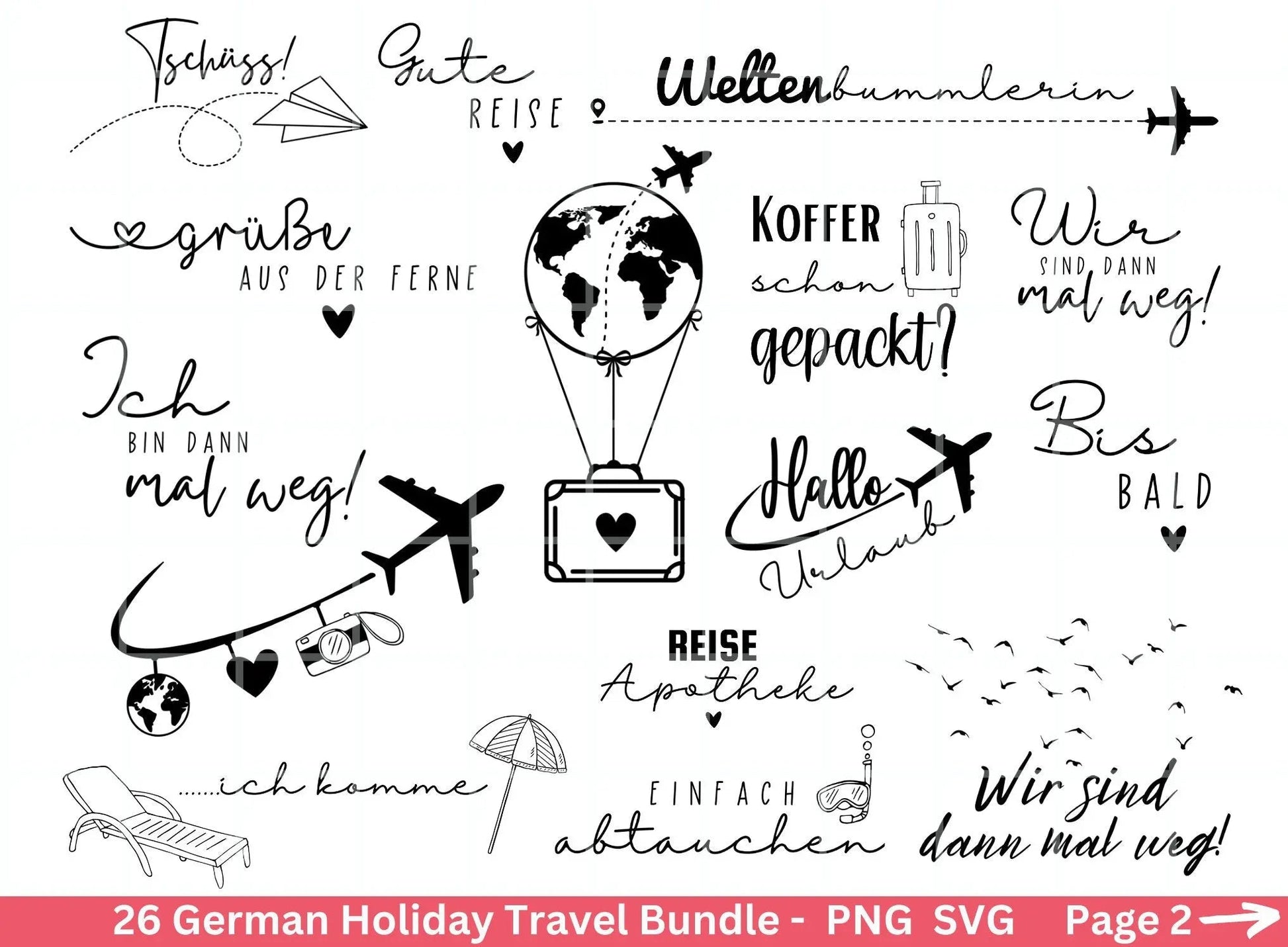 German Reisen Plotterdatei svg png Bundle - Strand svg- Sommer svg - Reisen svg - Cricut Silhouette Studio - Reisen Sprüche - Urlaub svg