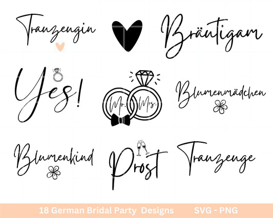 German Bride SVG Bundle - Hochzeit Party - Brautjungfer - JGA - Verlobungsfeier-  Cricut Silhouette Studio Plotterdatei SVG - Bride Shirts