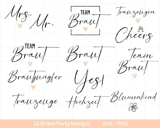 German Bride SVG Bundle - Hochzeit Party - Brautjungfer - JGA - Verlobungsfeier- Cricut Silhouette Studio Plotterdatei SVG - Bride Shirts