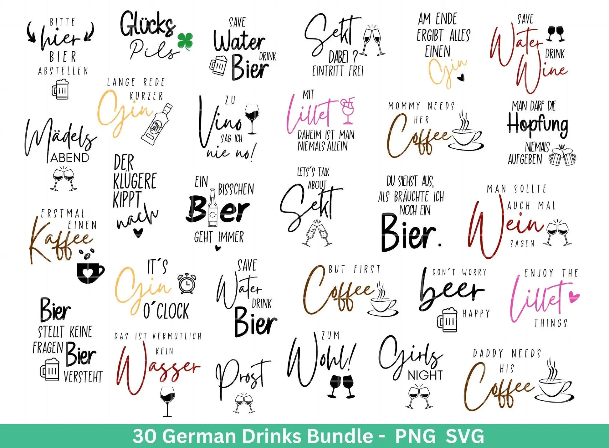 German drinks svg png Bundle - Alkohol svg - Lillet svg - Cricut Silhouette Studio Plotterdatei SVG - Coffee svg - deutsche Sprüche svg