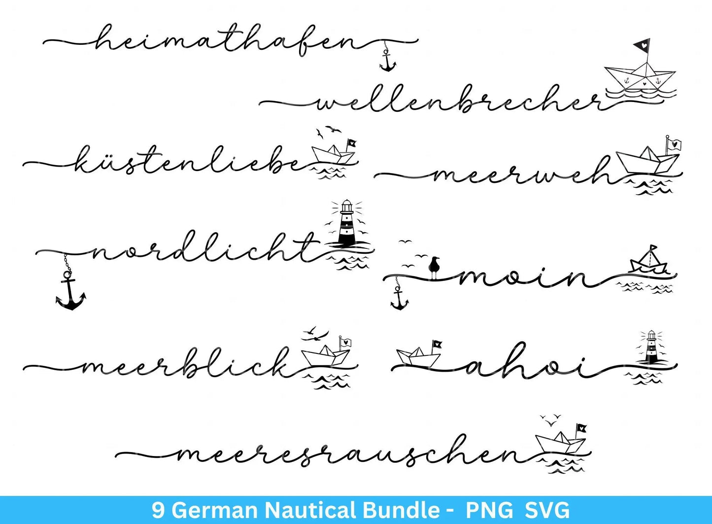 German Nautical Bundle - Moin Plotterdatei - Maritim svg - Nautical Clipart - Leuchtturm svg - Maritime Wörter svg - Heimathafen svg Cricut