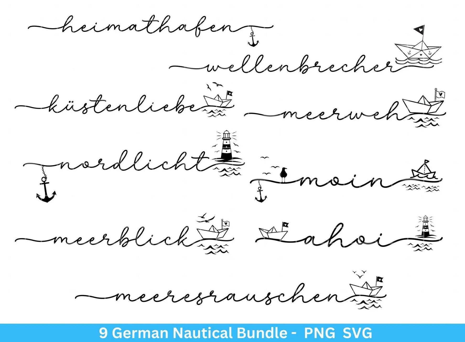 German Nautical Bundle - Moin Plotterdatei - Maritim svg - Nautical Clipart - Leuchtturm svg - Maritime Wörter svg - Heimathafen svg Cricut