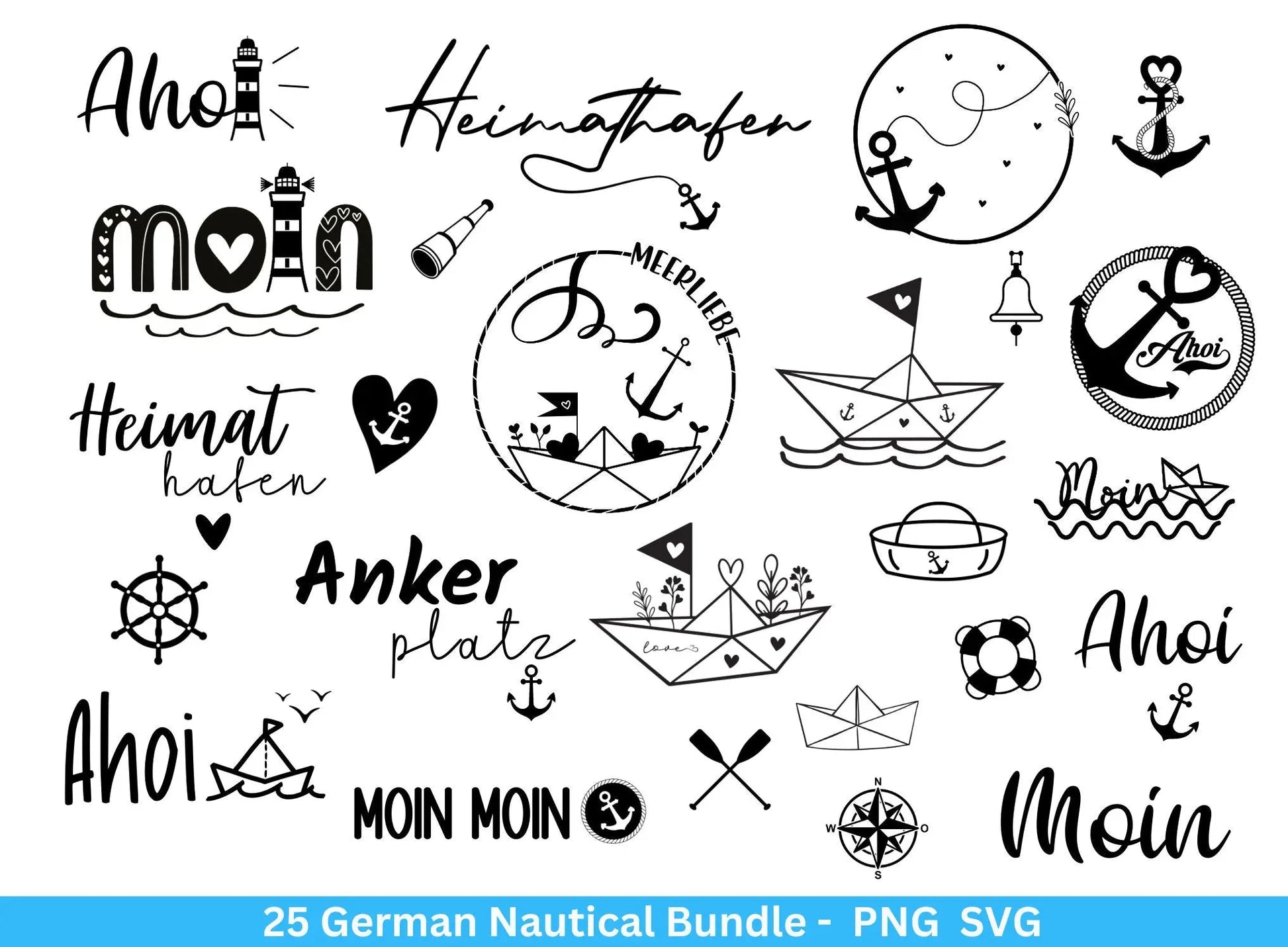 German Nautical Bundle - Moin Plotterdatei - Maritim svg - Nautical Clipart - Leuchtturm svg - Möwen svg - Wilkommen im Norden svg - Cricut