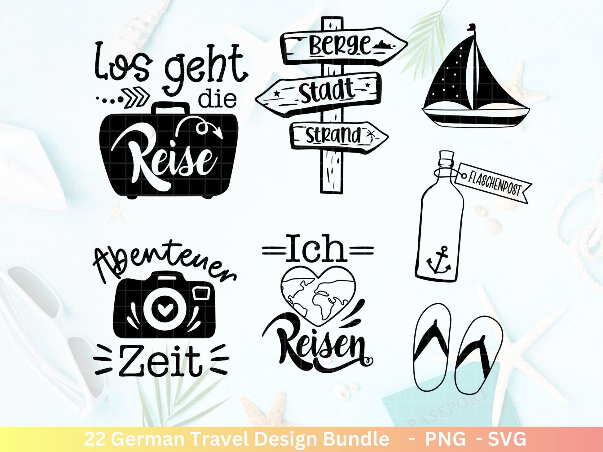 German Reisen Plotterdatei svg png Bundle - Strand svg- Sommer svg - Reisen svg - Cricut Silhouette Studio - Reisen Sprüche - Urlaub svg - EmidaDesign