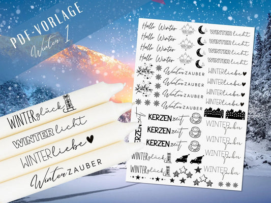 Hallo Winter PDF Vorlage - Kerzen Tattoo Vorlage Weihnachten - Kerzen selbst gestalten - Kerzensticker Weihnachtszeit - Winterlicht Kerzen