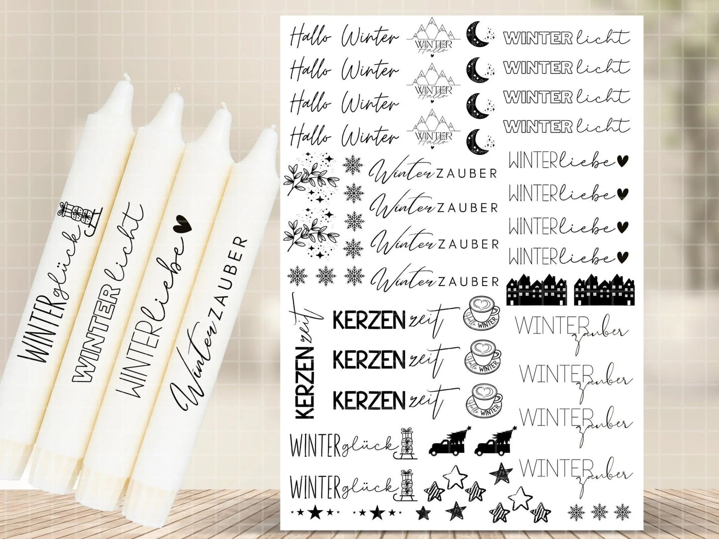 Hallo Winter PDF Vorlage - Kerzen Tattoo Vorlage Weihnachten - Kerzen selbst gestalten - Kerzensticker Weihnachtszeit - Winterlicht Kerzen