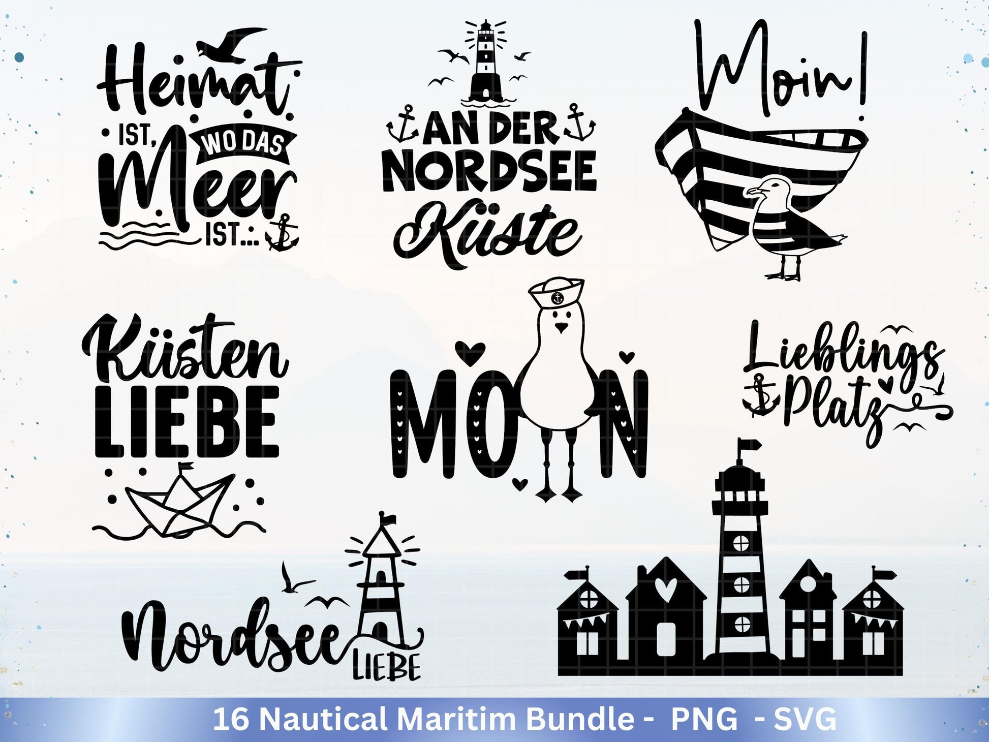 Plotterdatei Maritim - Moin Svg - Maritim Svg - Maritim Clipart - Leuchtturm Svg - Möwen Svg - Nordsee Svg - Ostsee Svg - Laserdatei Möwe