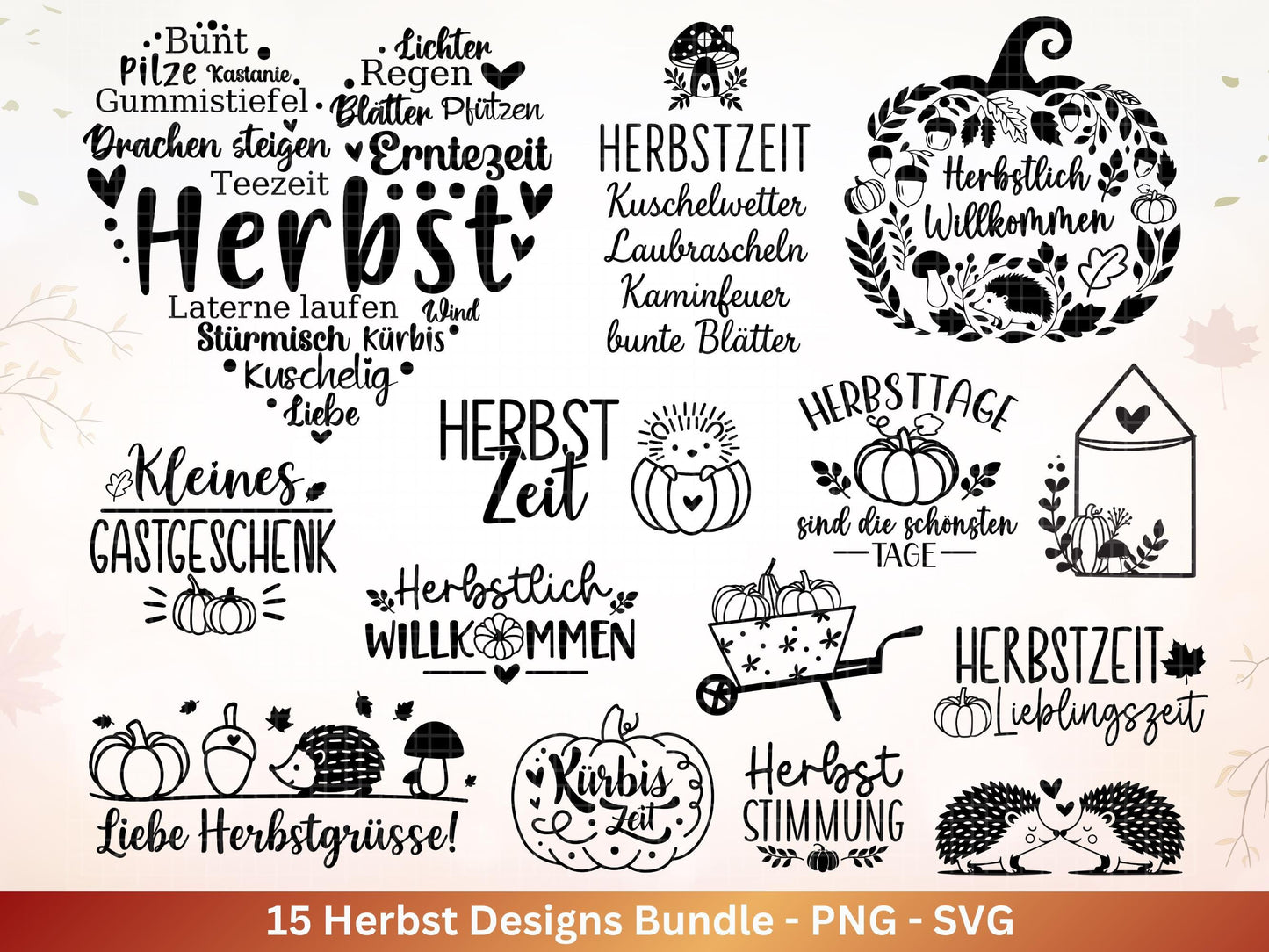 Plotterdatei Herbst - Herbst svg - Herbstkranz - Herbst Herz svg - Laserdatei Herbst - Kürbis svg - Igel svg - Pilz svg - Herbstsprüche Svg