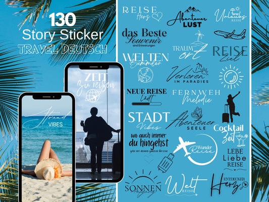 130 Instagram Story Sticker Reisen – Urlaub & Travel PNGs – Sommer, Strand, Pool – Insta Content Bundle für Daily Stories Creator - Travel