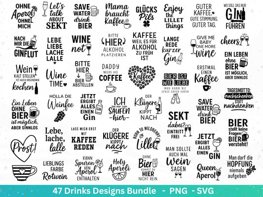 Deutsche Plotterdatei Getränke XXL Bundle - Alkohol svg - Aperol svg - Gin - Cricut Silhouette - Kaffee svg - Deutsche Sprüche svg - Laser