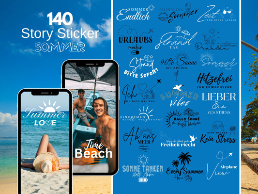 140 Instagram Story Sticker Sommer – Urlaubssticker für Insta Stories – Strand – Pool - Strand Sprüche – Sommer Content Creator Bundle Daily