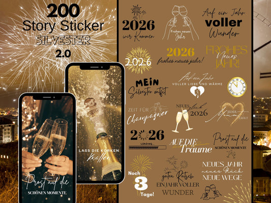200 Instagram Story Sticker Silvester 2026 – Neujahr, Feuerwerk, Party & Abend – PNG Sprüche für Insta Stories – Digitales Silvester Set