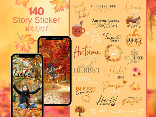 140 Instagram Story Sticker Herbst – Cozy Fall Words PNG – Kalligraphie Storysticker Set – Autumn Vibes für Insta – Jahreszeiten Bundle
