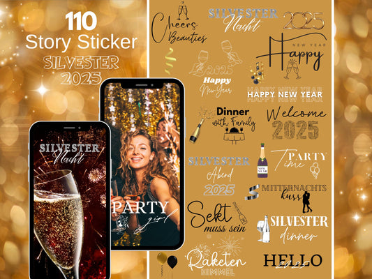 110 Instagram Story Sticker Silvester 2025 – Neujahr, Feuerwerk, Party & Abend – PNG Sprüche für Insta Stories – Digitales Silvester Set