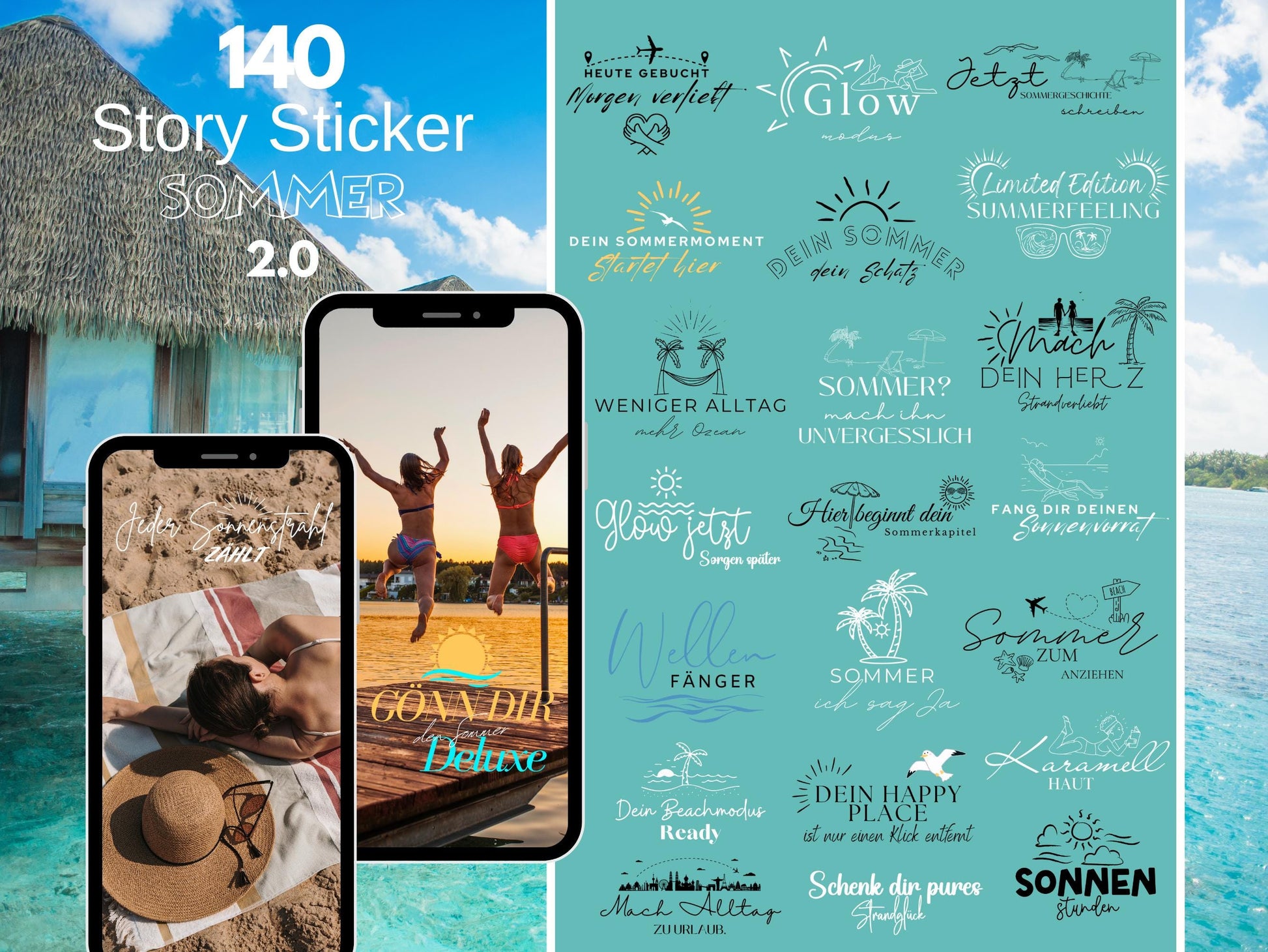 140 Instagram Story Sticker Sommer – Urlaubssticker für Insta Stories – Strand – Pool - Strand Sprüche – Sommer Content Creator Bundle Daily