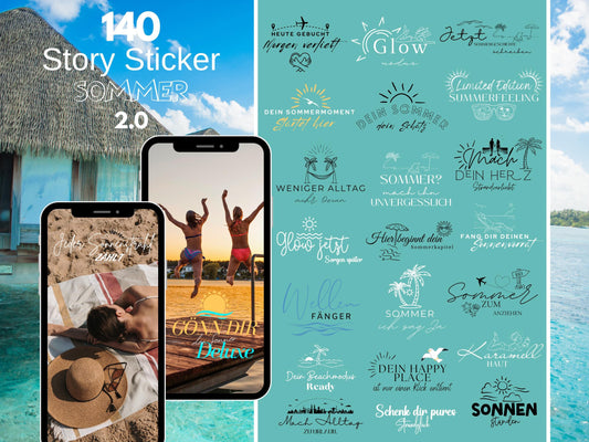 140 Instagram Story Sticker Sommer – Urlaubssticker für Insta Stories – Strand – Pool - Strand Sprüche – Sommer Content Creator Bundle Daily