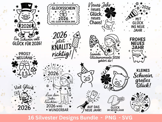 Silvester Plotterdatei - Deutsche Sprüche Svg - Weihnachten Svg - Frohes Neues Jahr 2026 - Silvester Laserdatei - Glücksschwein svg - Glück