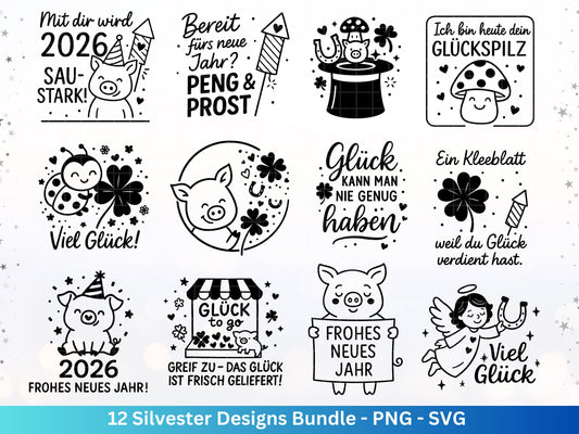 Silvester Plotterdatei - Deutsche Sprüche Svg - Weihnachten Svg - Frohes Neues Jahr 2026 - Silvester Laserdatei - Glücksschwein svg - Glück