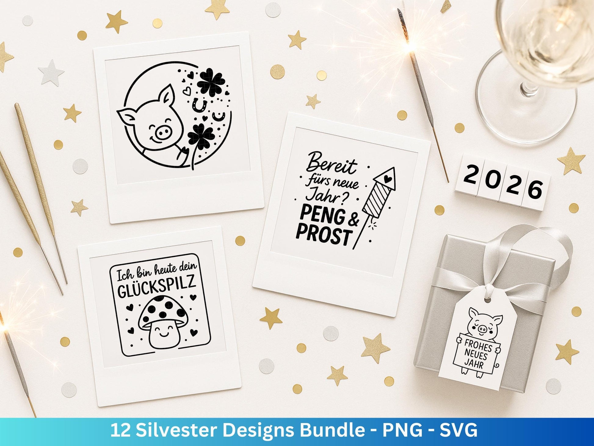 Silvester Plotterdatei - Deutsche Sprüche Svg - Weihnachten Svg - Frohes Neues Jahr 2026 - Silvester Laserdatei - Glücksschwein svg - Glück