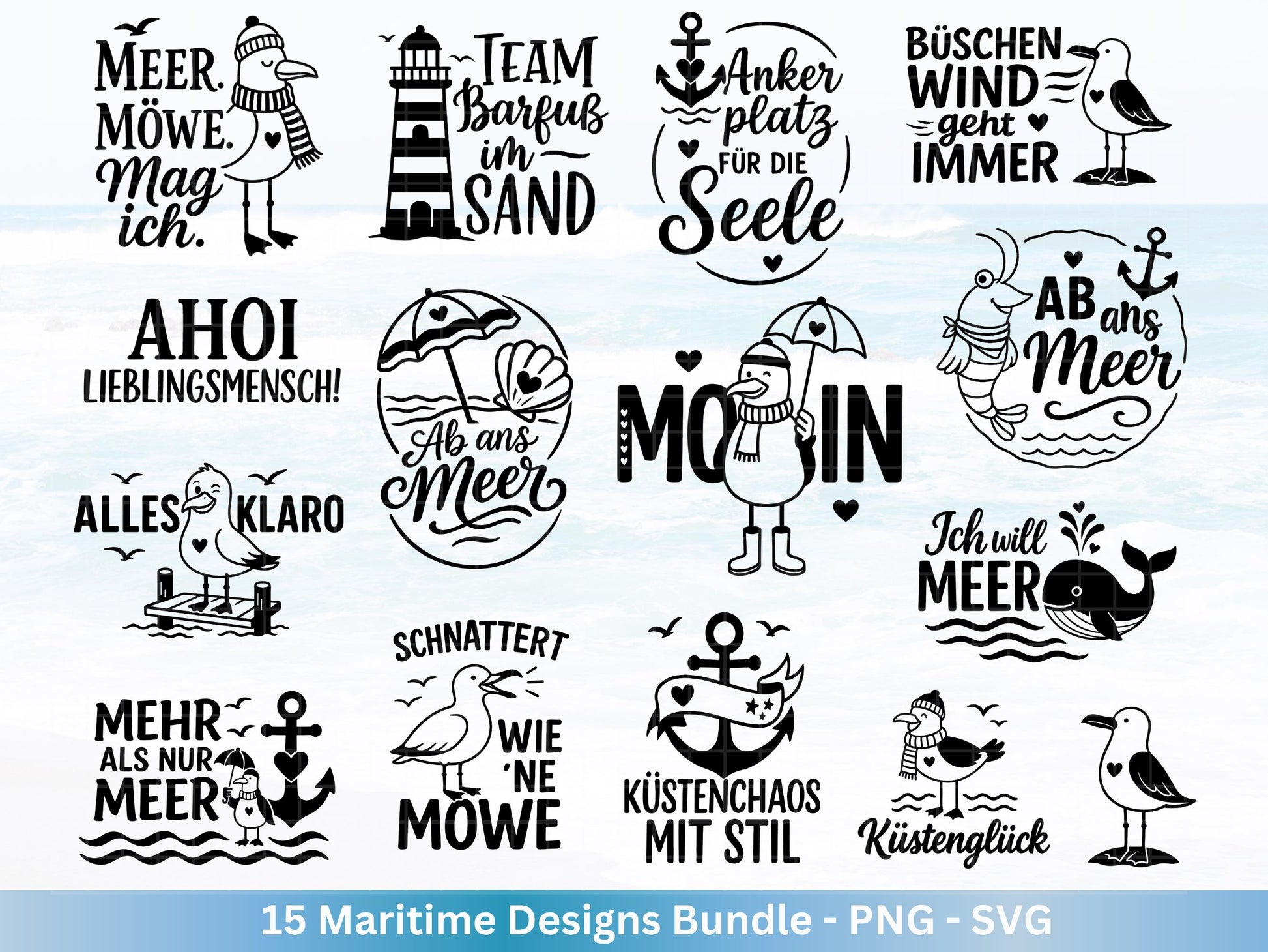 Plotterdatei Maritim - Moin Svg - Maritim Svg - Leuchtturm Svg - Möwen Svg - Nordsee & Ostsee - Laserdatei Möwe - Deutsche Sprüche Svg Datei