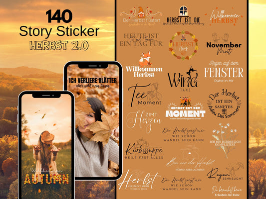 140 Instagram Story Sticker Herbst – Cozy Fall Words PNG – Kalligraphie Storysticker Set – Autumn Vibes für Insta – Jahreszeiten Bundle
