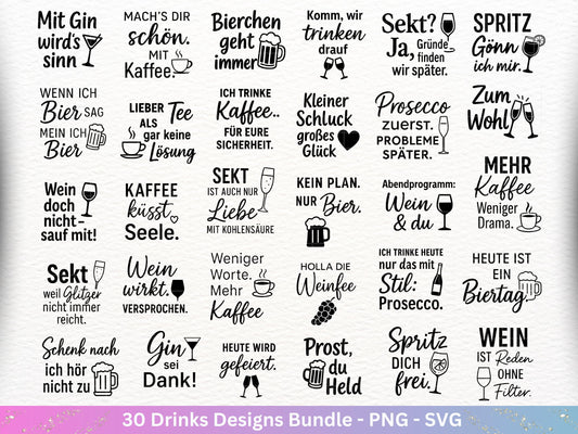 Plotterdatei Getränke Bundle - Alkohol svg - Aperol svg - Gin - Cricut Silhouette - Kaffee svg - Deutsche Sprüche svg - Bier Svg Untersetzer