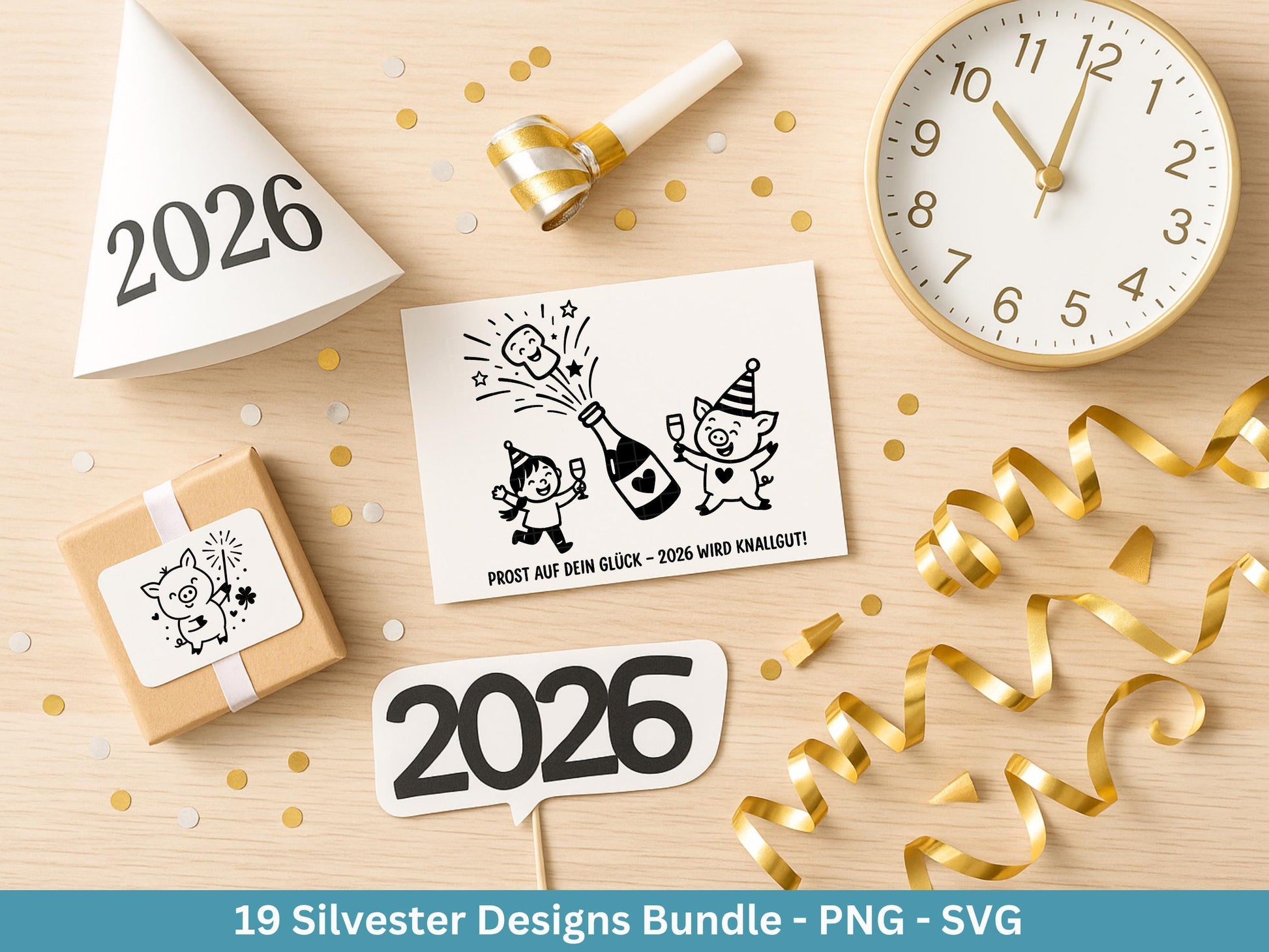 Silvester Plotterdatei - Deutsche Sprüche Svg - Weihnachten Svg - Frohes Neues Jahr 2026 - Silvester Laserdatei - Glücksschwein svg - Cricut