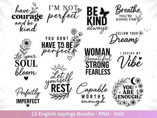 Boho Inspirational svg Png Bundle, positive Affirmationen svg, Kindness svg, immer würdig Matter genug svg, florale Zitate svg Motivierend