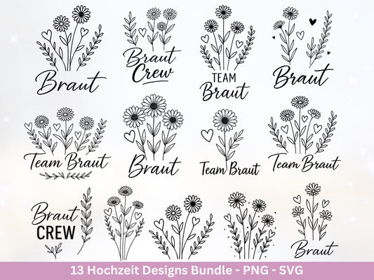 Plotterdatei Braut SVG Bundle - Hochzeit Party - Brautjungfer - JGA - Verlobungsfeier- Braut Shirts - Hochzeit Svg - Blumen Svg - Jga Shirt