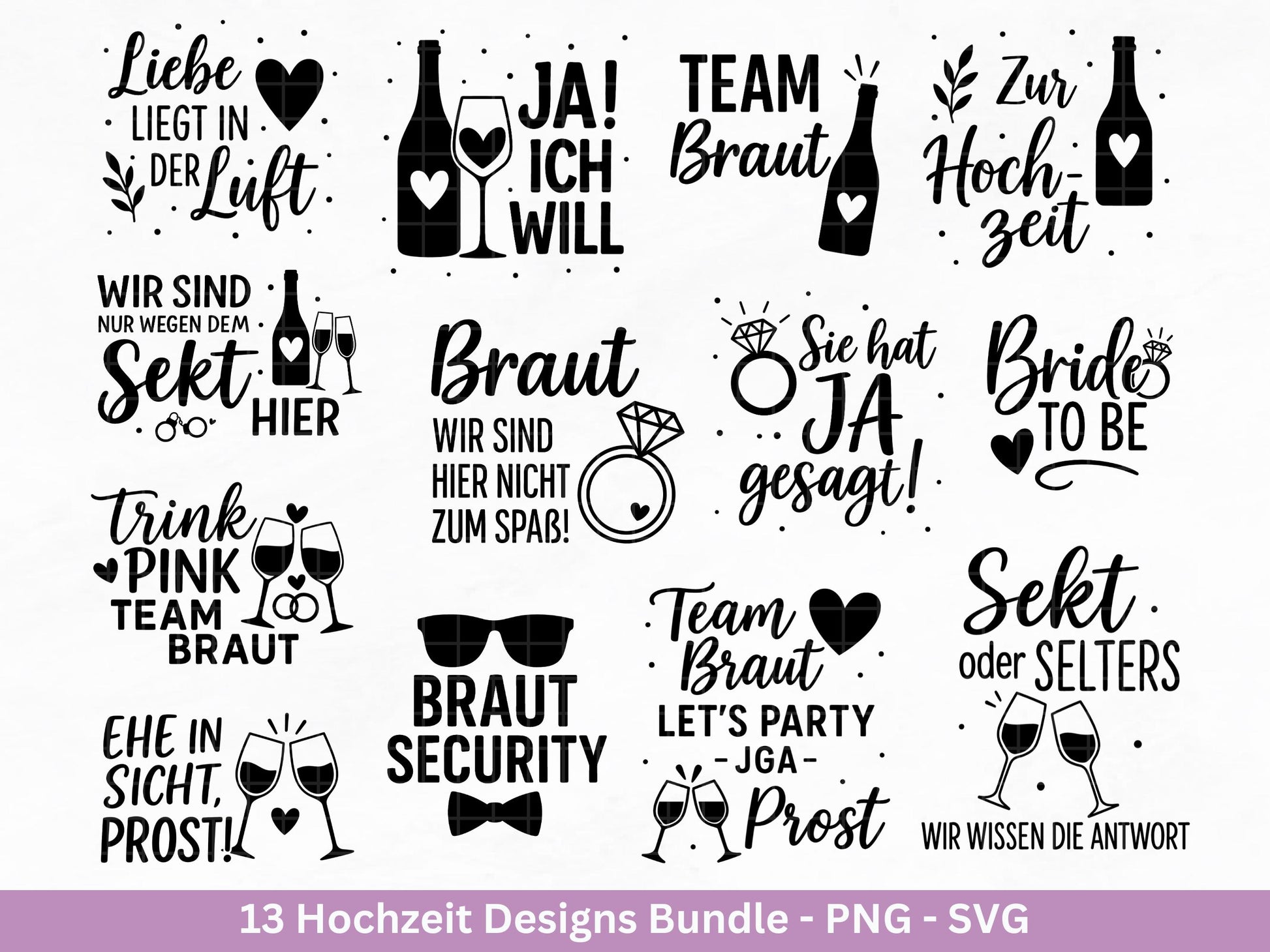 Plotterdatei Braut SVG Bundle - Hochzeit Party - Brautjungfer - JGA - Verlobungsfeier- Braut Shirts - Hochzeit Svg - Sekt Svg - Jga Shirts