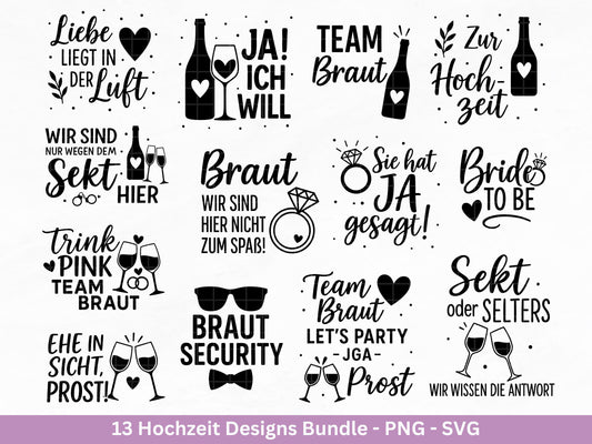 Plotterdatei Braut SVG Bundle - Hochzeit Party - Brautjungfer - JGA - Verlobungsfeier- Braut Shirts - Hochzeit Svg - Sekt Svg - Jga Shirts