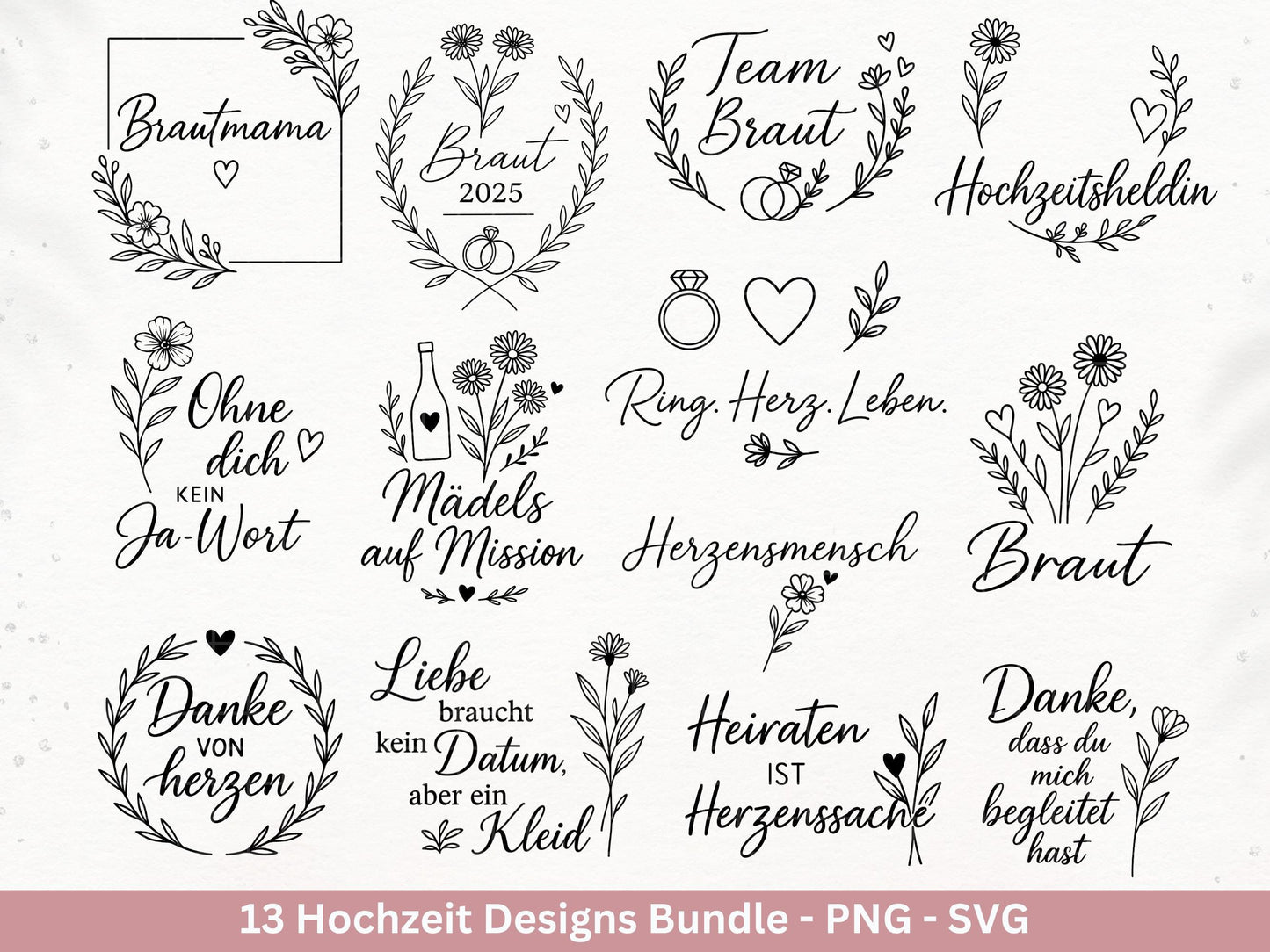 Plotterdatei Braut SVG Bundle - Hochzeit Party - Brautjungfer - JGA - Verlobungsfeier- Braut Shirts - Hochzeit Svg - Hochzeitsgeschenk