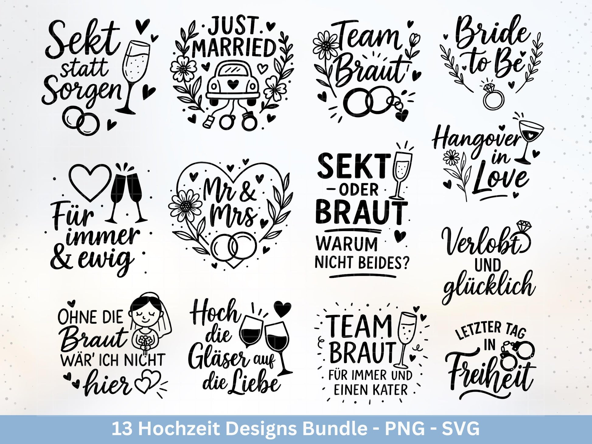 Plotterdatei Braut SVG Bundle - Hochzeit Party - Brautjungfer - JGA - Verlobungsfeier- Braut Shirts - Hochzeit Svg - Sekt Svg Datei Geschenk