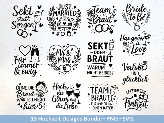 Plotterdatei Braut SVG Bundle - Hochzeit Party - Brautjungfer - JGA - Verlobungsfeier- Braut Shirts - Hochzeit Svg - Sekt Svg Datei Geschenk