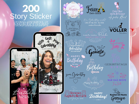 200 Instagram Story Sticker Geburtstag | Birthday | Lettering | Clipart | Feier | Storysticker | Geburtstagsfeier | Party | Kuchen | Torte