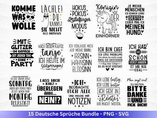 Deutsche Sprüche SVG Plotterdatei – Lustiges Bundle für Cricut & Silhouette – Lama Einhorn Kaffee Rente – Shirt Tasse Geschenkidee