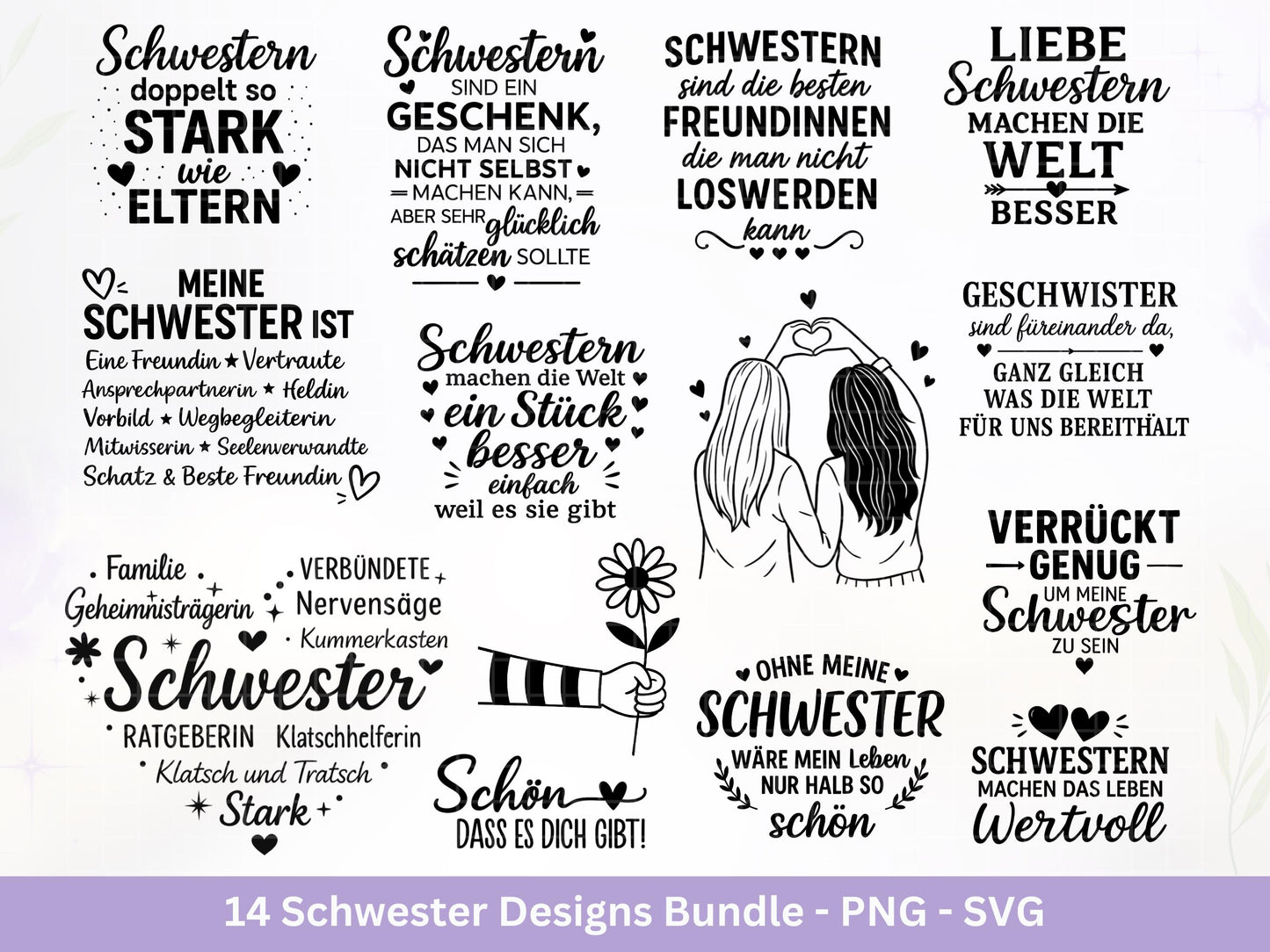 Schwester SVG Plotterdatei – Deutsche Sprüche Designs Bundle – Schwestern Sprüche Liebe Familie – Laserdatei Cricut Silhouette Geschenkidee