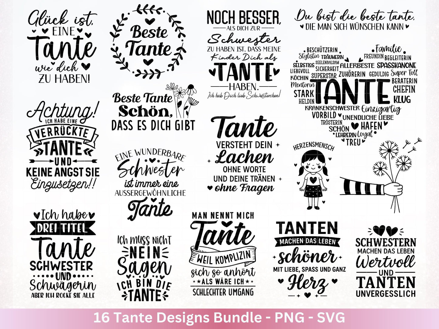 Tante SVG Plotterdatei – Deutsche Sprüche & Herz Designs – Beste Tante Geschenkidee – Laserdatei Cricut Silhouette für Shirt Tasse Beutel