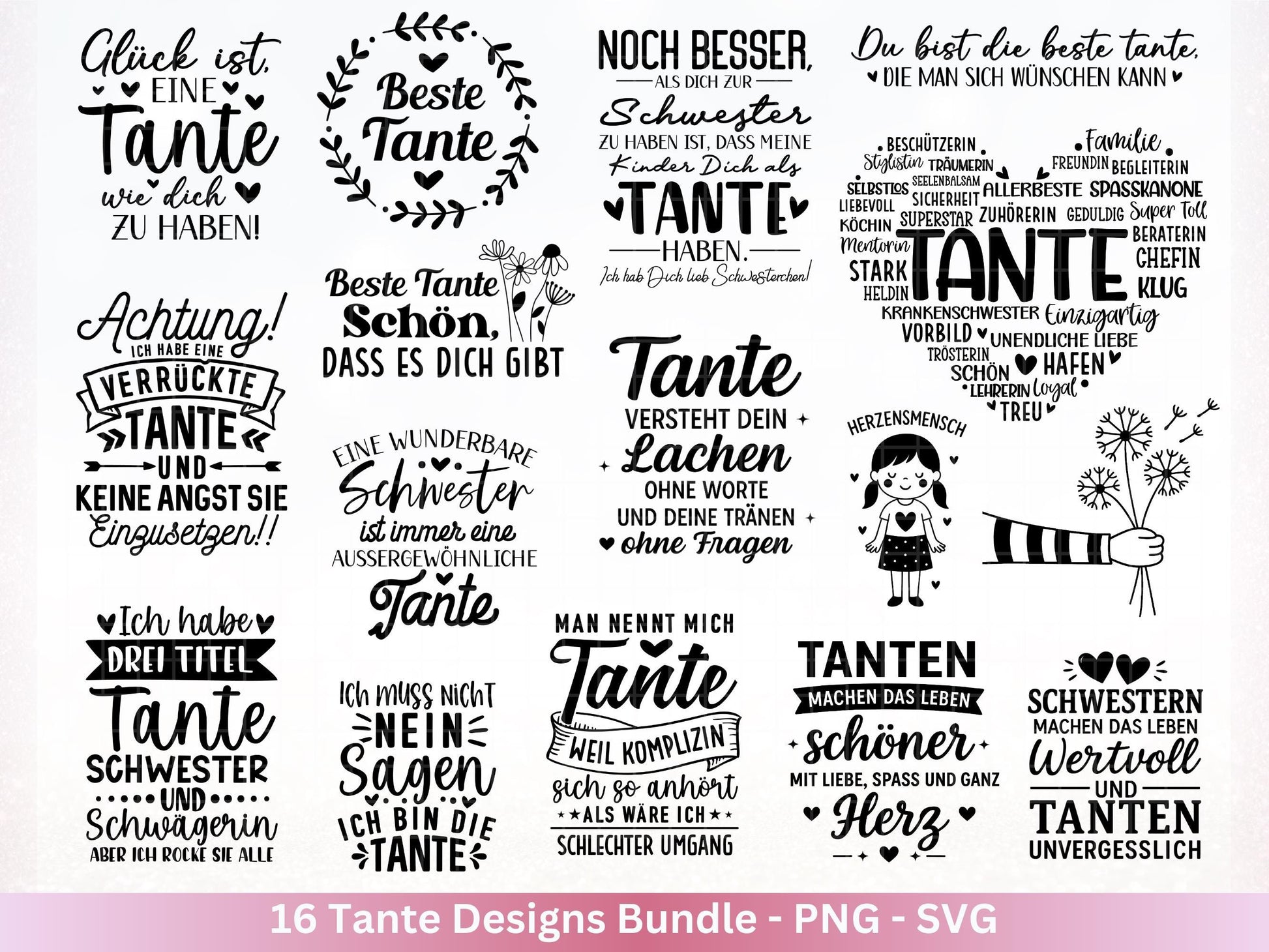 Tante SVG Plotterdatei – Deutsche Sprüche & Herz Designs – Beste Tante Geschenkidee – Laserdatei Cricut Silhouette für Shirt Tasse Beutel