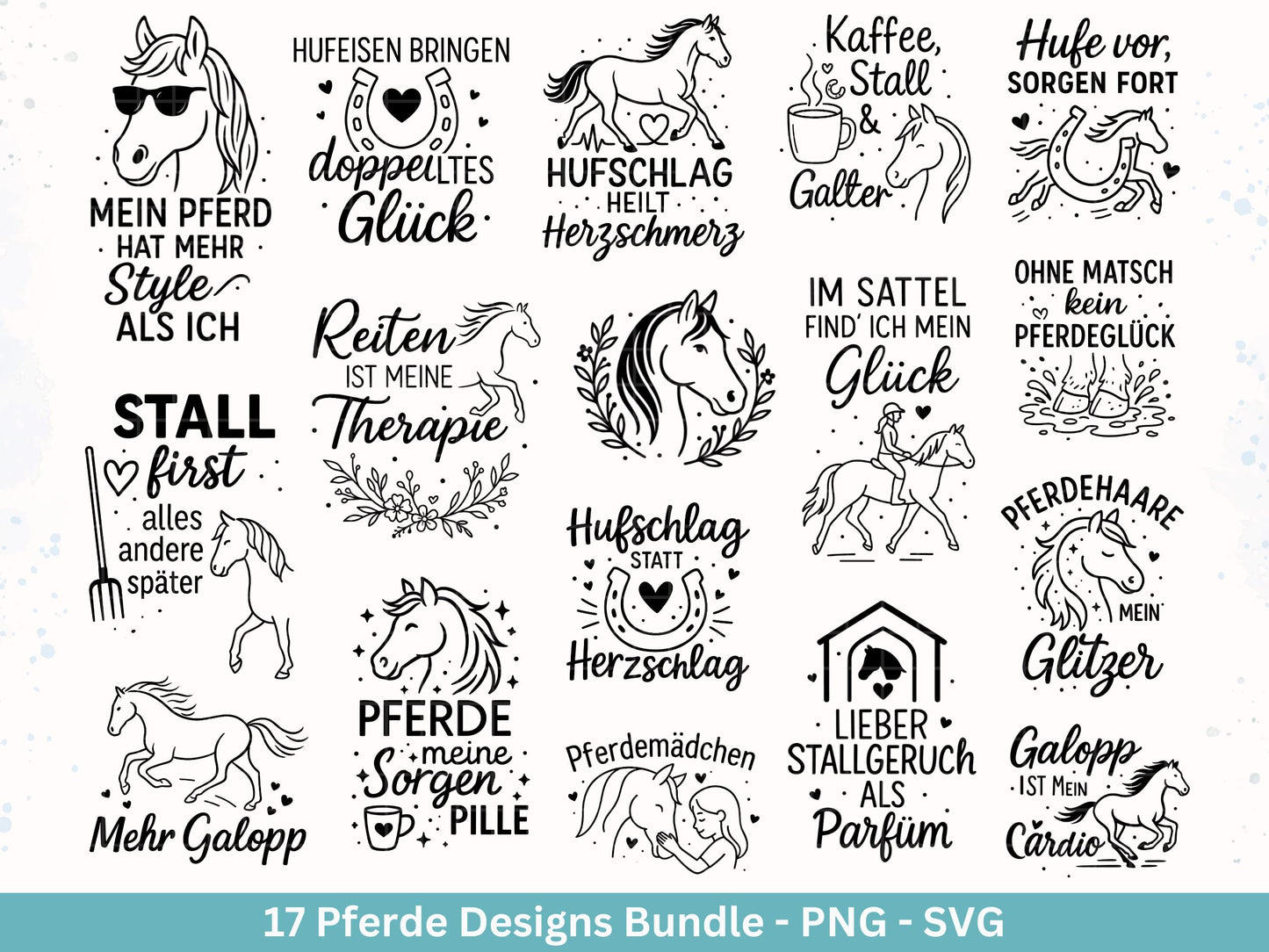 Pferde SVG Plotterdatei – Deutsche Reiter Sprüche & Pferdeliebe Designs – Hufe Sattel Stall – Laserdatei Cricut Silhouette Pferde Geschenk