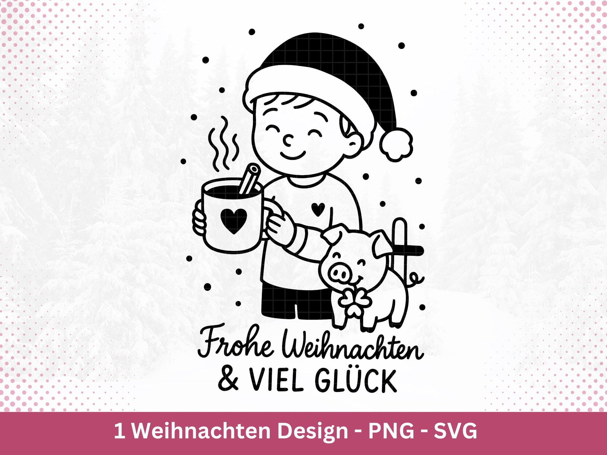 Weihnachten SVG Laserdatei – Frohe Weihnachten & Viel Glück Design – Plotterdatei Junge mit Schwein und Tasse – Cricut Silhouette Geschenk